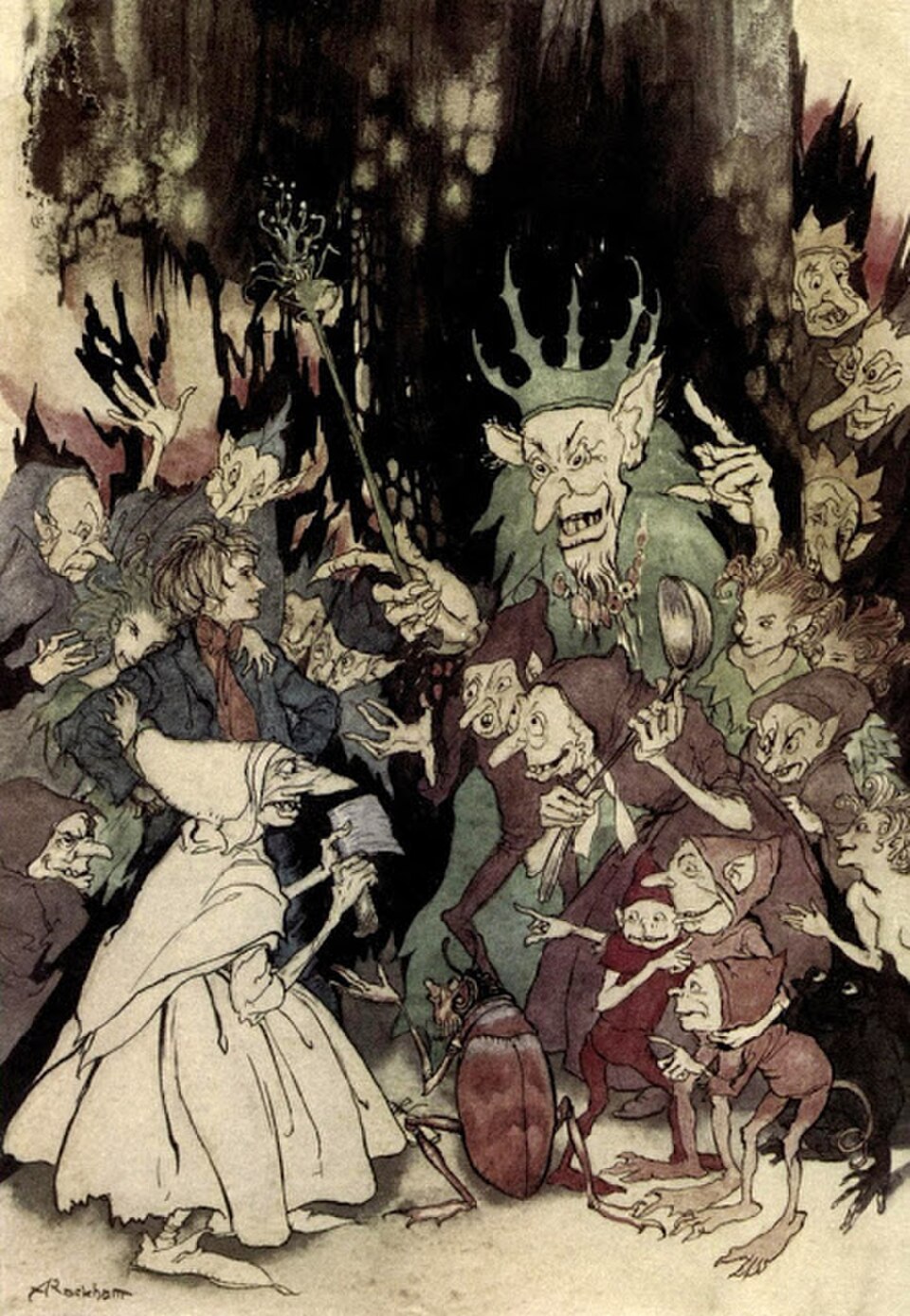 Arthur Rackham's drawing of Peer Gynt before the crowned King of the Dovre-Trolls, surrounded by a jeering crowd of troll-courtiers and imps.