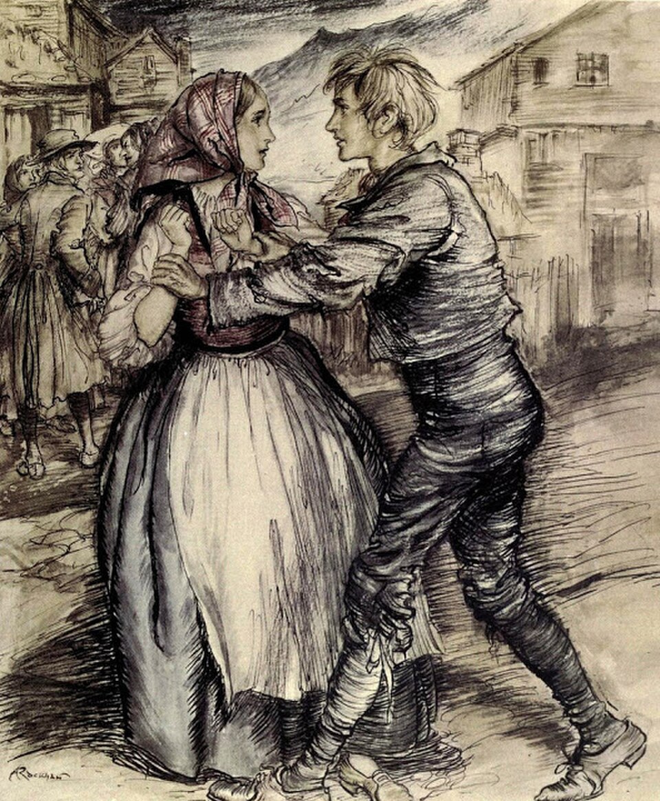 Arthur Rackham's drawing of Peer Gynt and Solveig meeting at the Hegstad wedding.
