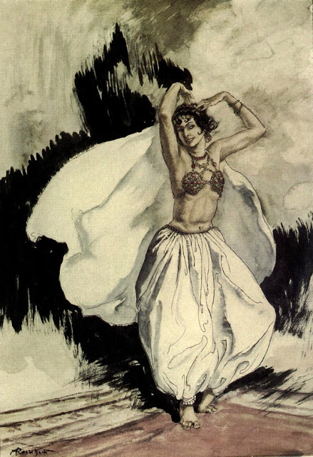 Arthur Rackham's drawing of Anitra dancing, arms raised, her veil sweeping behind her.
