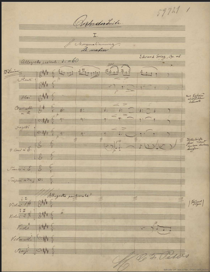 The opening page of Edvard Grieg's 1888 autograph manuscript of Morning Mood, written in ink on ruled music paper.