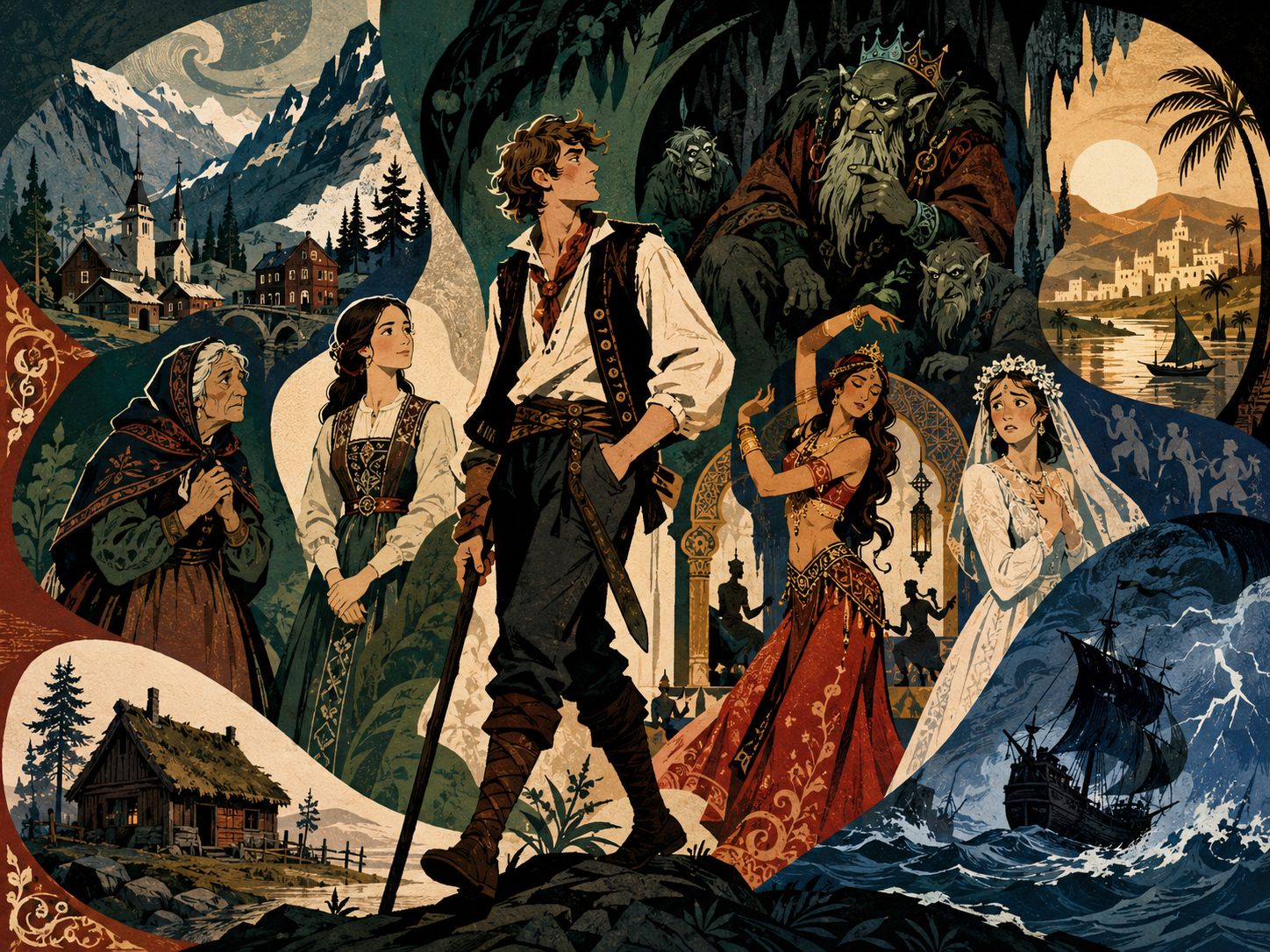 An illustrated montage of the principal figures of Peer Gynt — Peer at the centre, with his mother Åse, Solveig, the Troll King, Anitra, a bride, a mountain cottage and a storm at sea.