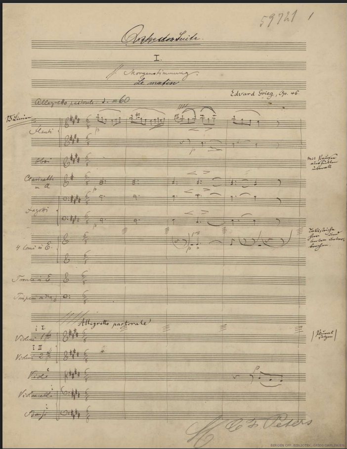 The opening page of Edvard Grieg's 1888 autograph manuscript of Morning Mood, written in ink on ruled music paper.